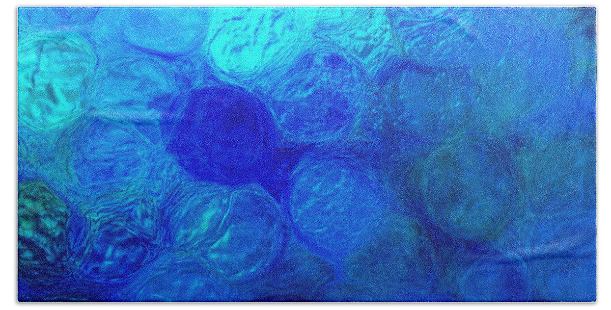 Magnified Blue Water Drops-abstract Bath Towel featuring the photograph Magnified Blue Water Drops-Abstract by Kathy M Krause