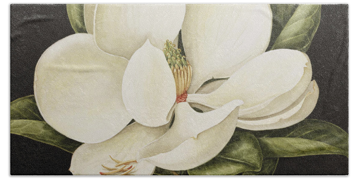 Still-life Hand Towel featuring the painting Magnolia Grandiflora by Jenny Barron