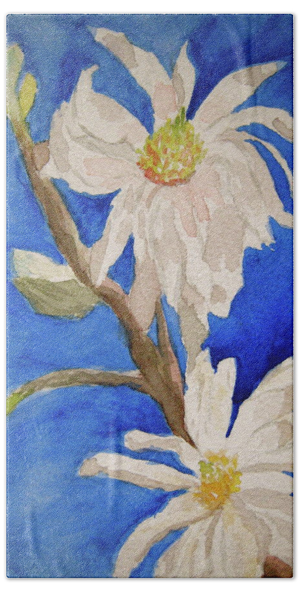 Magnolia Hand Towel featuring the painting Magnolia Stellata Blue Skies by Beverley Harper Tinsley