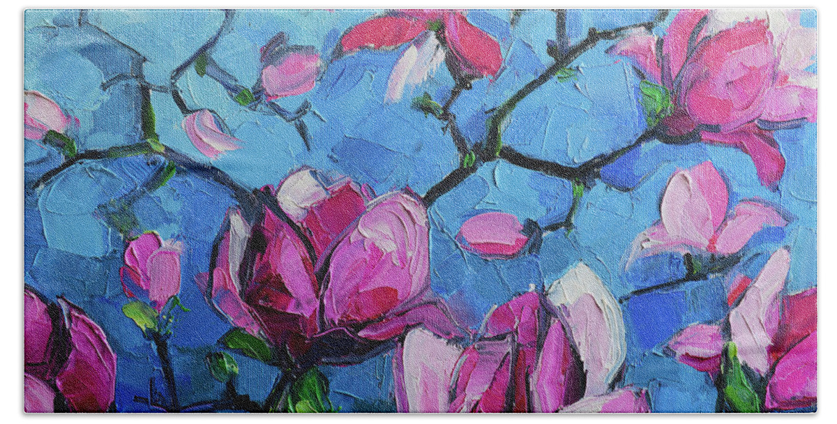 Magnolias For Ever Bath Towel featuring the painting Magnolias For Ever by Mona Edulesco