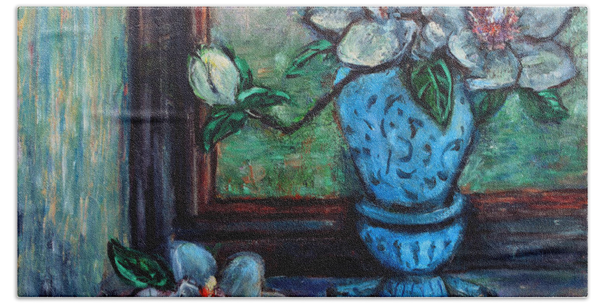 Magnolias Bath Towel featuring the painting Magnolias in a Blue Vase by the Window by Xueling Zou