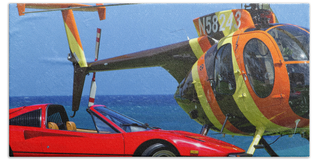  Magnum Pi Hand Towel featuring the photograph Magnum Helicopter and Ferrari by Sean Davey