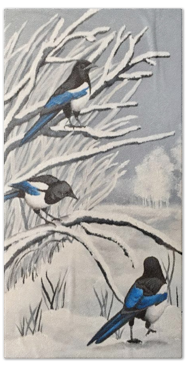 Birds Hand Towel featuring the painting Magpies At Play by Renee Noel