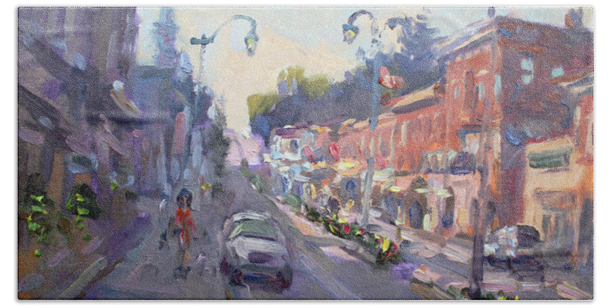 Main St Bath Sheet featuring the painting Main St Georgetown Downtown by Ylli Haruni
