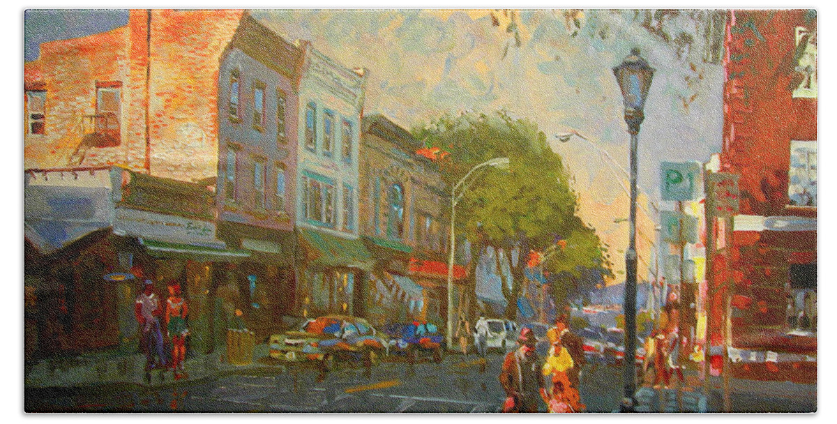 Main Street Hand Towel featuring the painting Main Street Nyack NY by Ylli Haruni