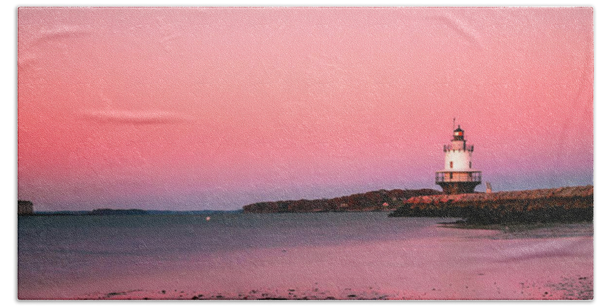 Maine Bath Towel featuring the photograph Maine Breakwater Light Sunset Panorama by Ranjay Mitra