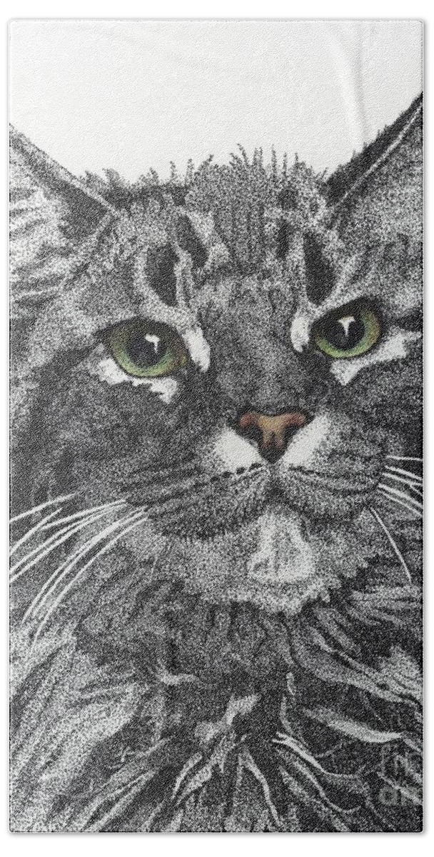 Maine Coon Bath Towel featuring the drawing Maine Coon by Jennefer Chaudhry