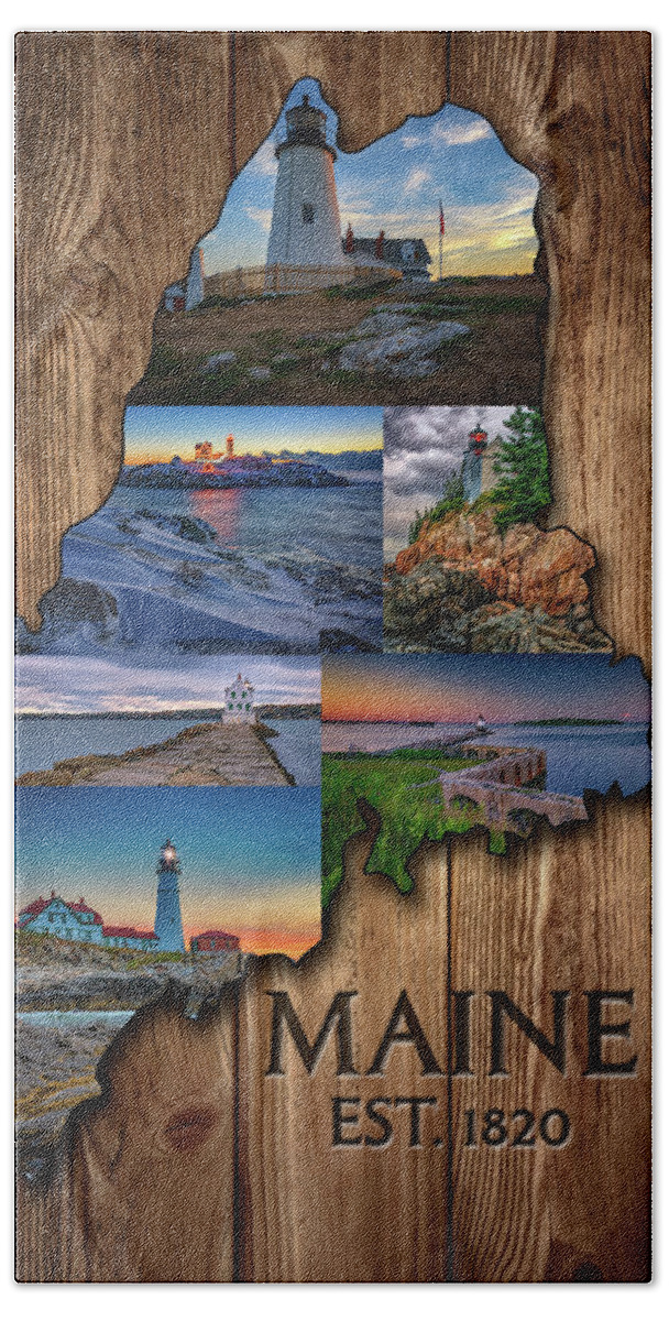 Maine Hand Towel featuring the digital art Maine Lighthouses Collage by Rick Berk