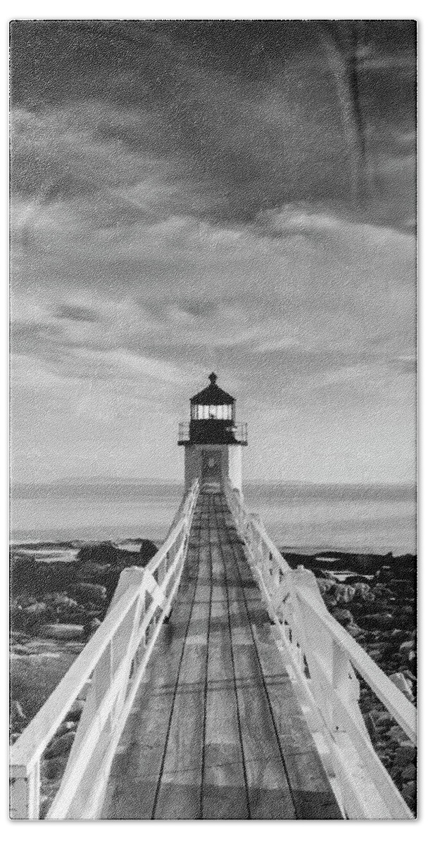Maine Hand Towel featuring the photograph Maine Marshall Point Lighthouse Vertical Panorama in Black and White by Ranjay Mitra