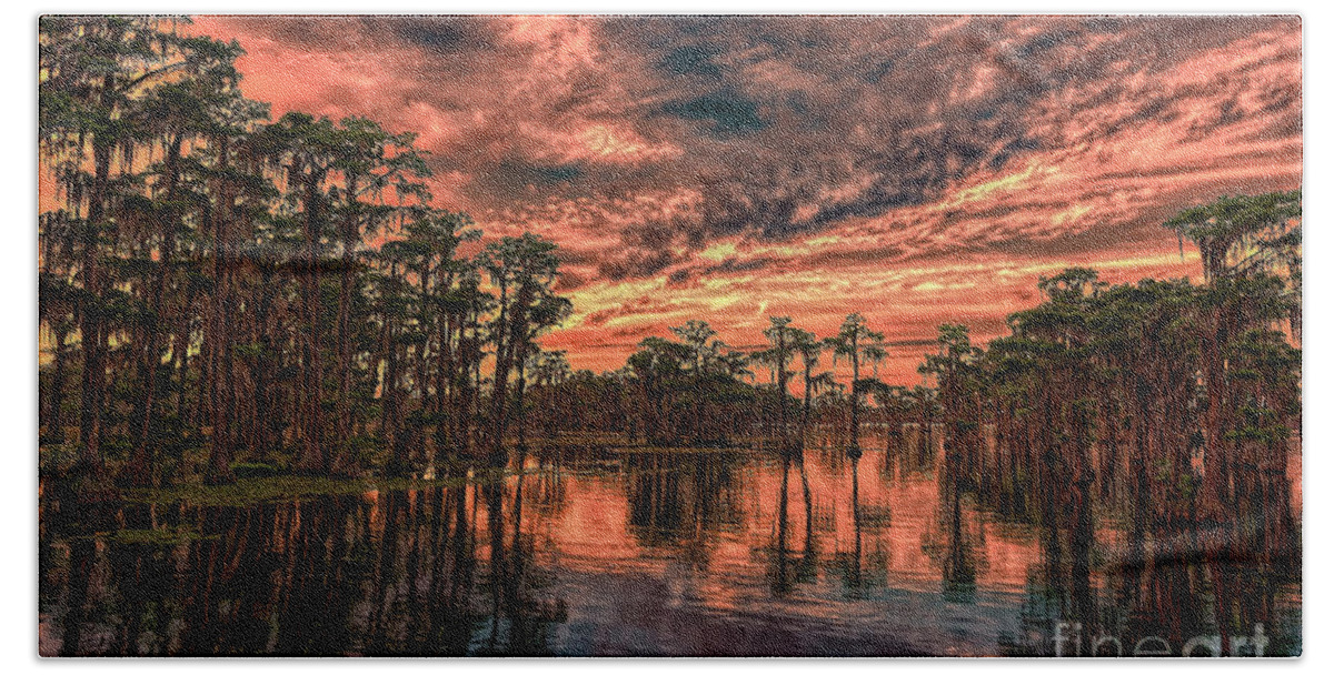 Sunsets Bath Towel featuring the photograph Majestic Cypress Paradise Sunset by DB Hayes