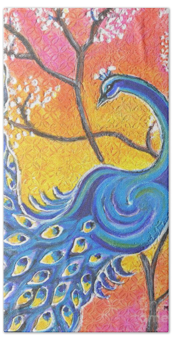 Peacock Hand Towel featuring the painting Majestic Peacock colorful Textured art by Manjiri Kanvinde