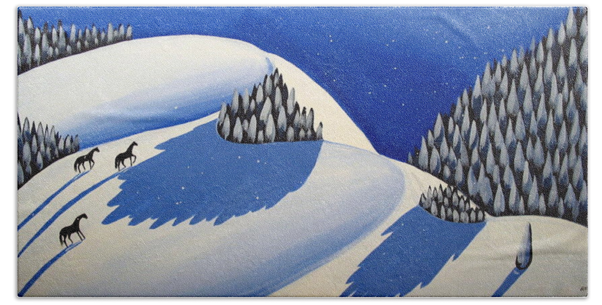 Art Bath Towel featuring the painting Making The Peak - modern winter landscape by Debbie Criswell