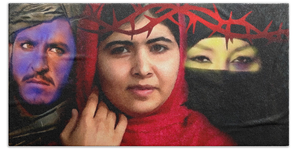 Malala Bath Towel featuring the painting Malala rise up by Carl Gouveia
