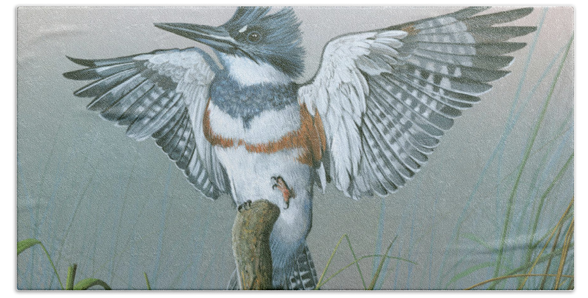 King Fisher Hand Towel featuring the painting Male Belted Kingfisher by Mike Brown