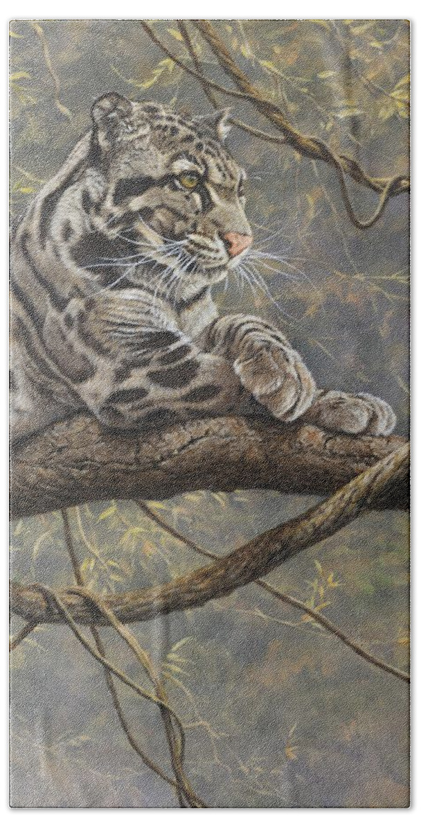 Clouded Leopard Bath Towel featuring the painting Male Clouded Leopard by Alan M Hunt