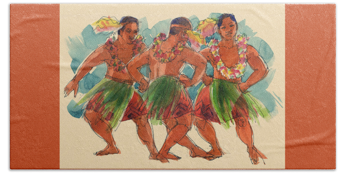 Dancers Bath Towel featuring the painting Male Dancers of Lifuka, Tonga by Judith Kunzle