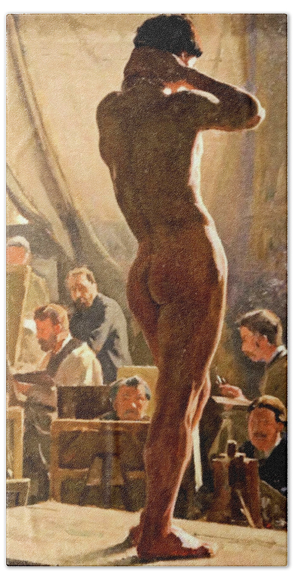 Male Bath Towel featuring the painting Male Nude in the Studio of Bonnat by Lauritis Tuxin