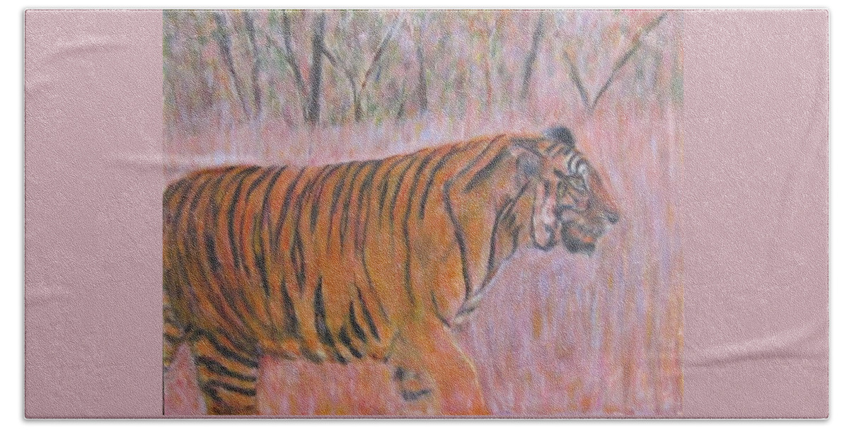 Impressionism Bath Towel featuring the painting Adult Male Tiger of India Striding At Sunset by Glenda Crigger