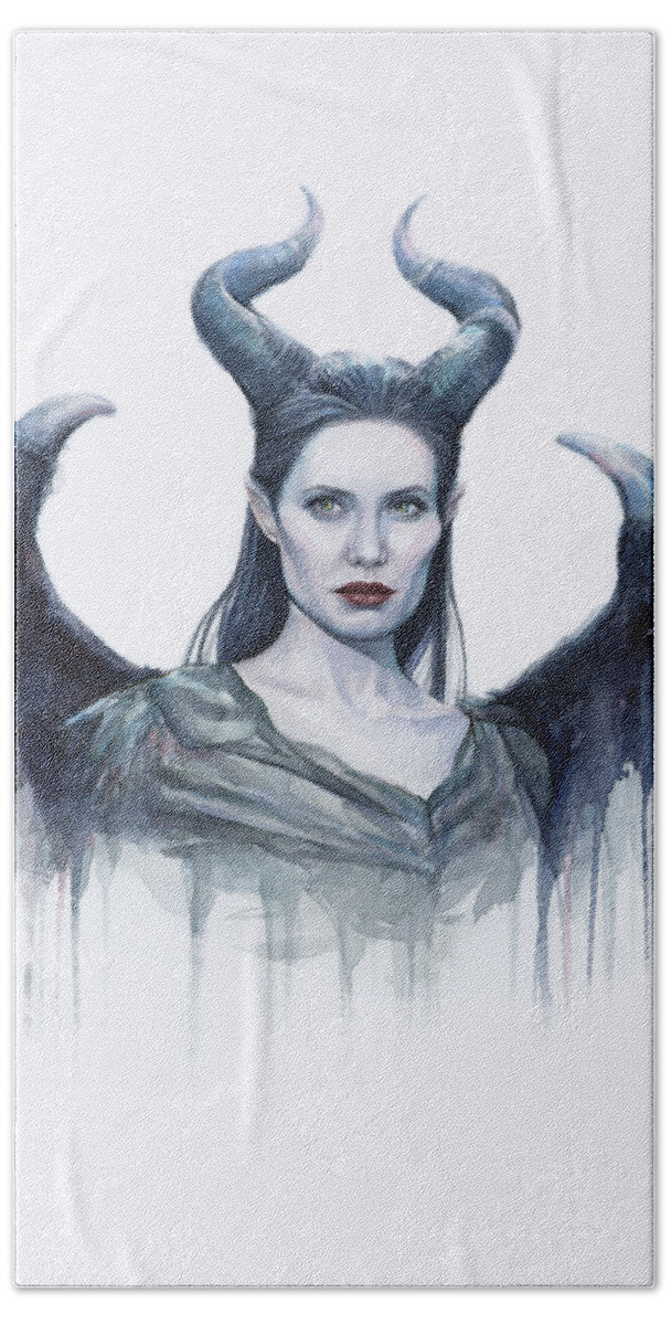 Maleficent Hand Towel featuring the painting Maleficent Watercolor Portrait by Olga Shvartsur