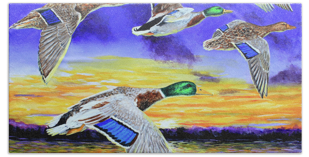 Mallards Hand Towel featuring the painting Mallards Early Morning Flight by Karl Wagner