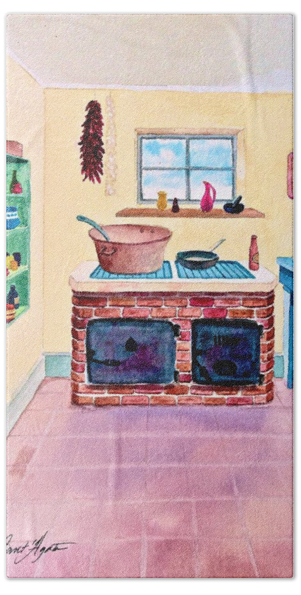 Mexico Bath Towel featuring the painting Mamacita's Kitchen by Frank SantAgata