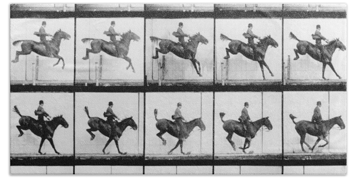 Muybridge Bath Towel featuring the photograph Man and Horse jumping by Eadweard Muybridge