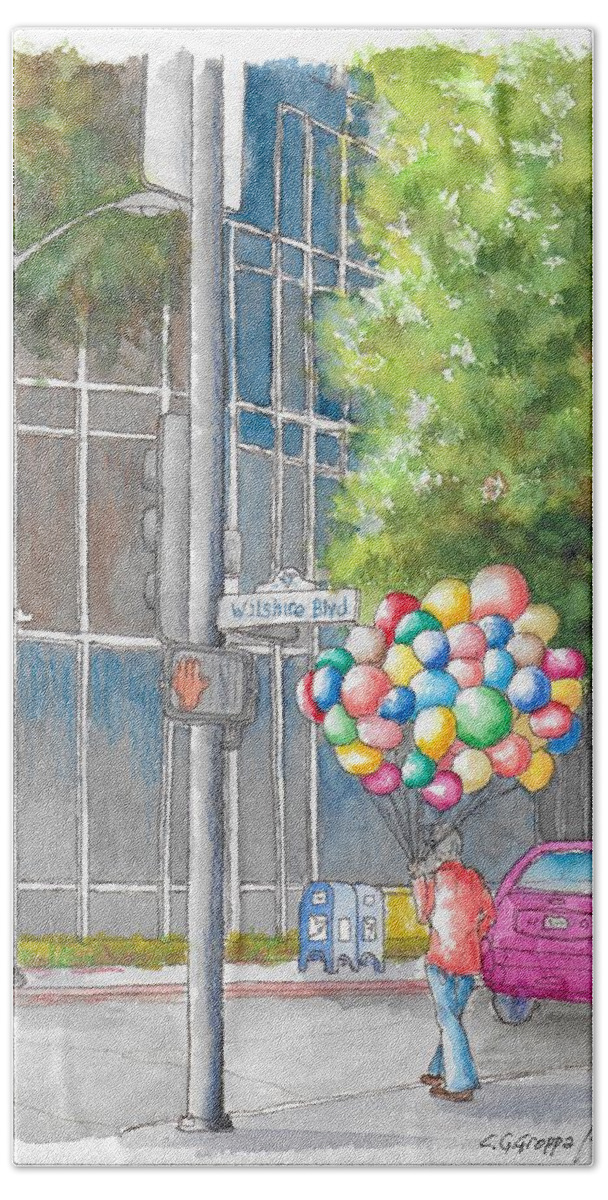 Man With Balloons Bath Towel featuring the painting Man with balloons in Wilshire Blvd., Beverly Hills, California by Carlos G Groppa