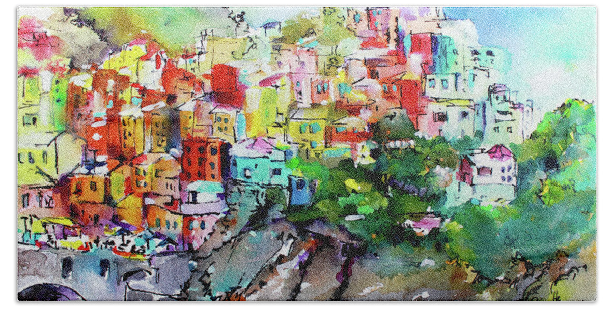 Italy Hand Towel featuring the painting Manarola Cinque Terre Italy Colorful Watercolor by Ginette Callaway