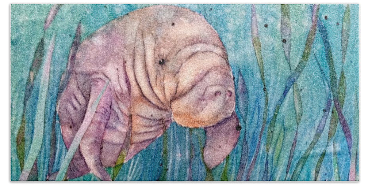 Manatee Bath Towel featuring the painting Manatee in the sea grass by Midge Pippel