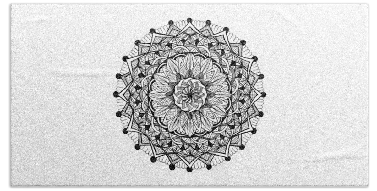 Mandala Hand Towel featuring the drawing Mandala #9 - Feathers and Ribbons by Eseret Art