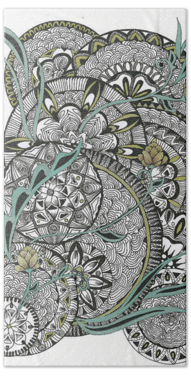 Mandala Hand Towel featuring the drawing Mandalas with Gold Flowers by Alexandra Louie