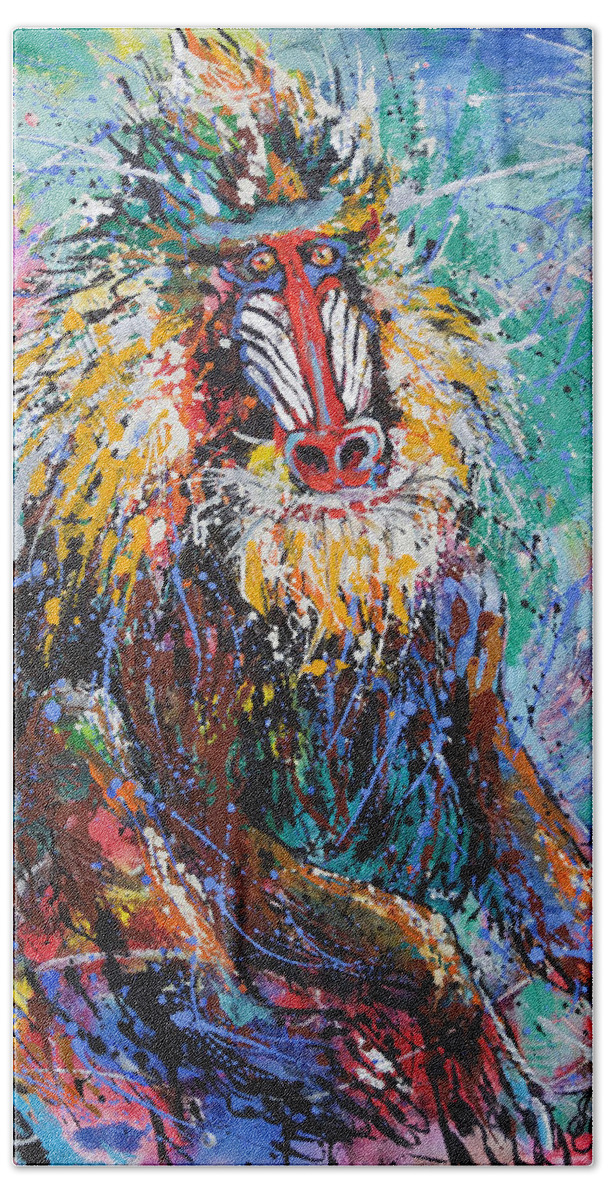 The Mandrill Hand Towel featuring the painting Mandrill Baboon by Jyotika Shroff