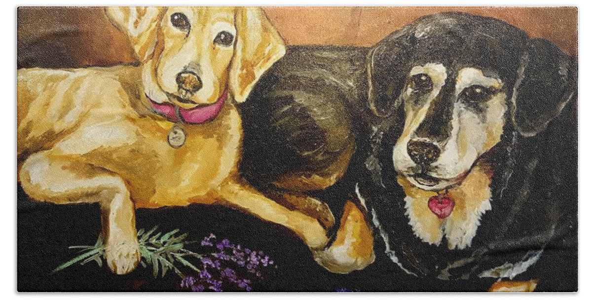 Dogs Hand Towel featuring the painting Mandys Girls by Alexandria Weaselwise Busen