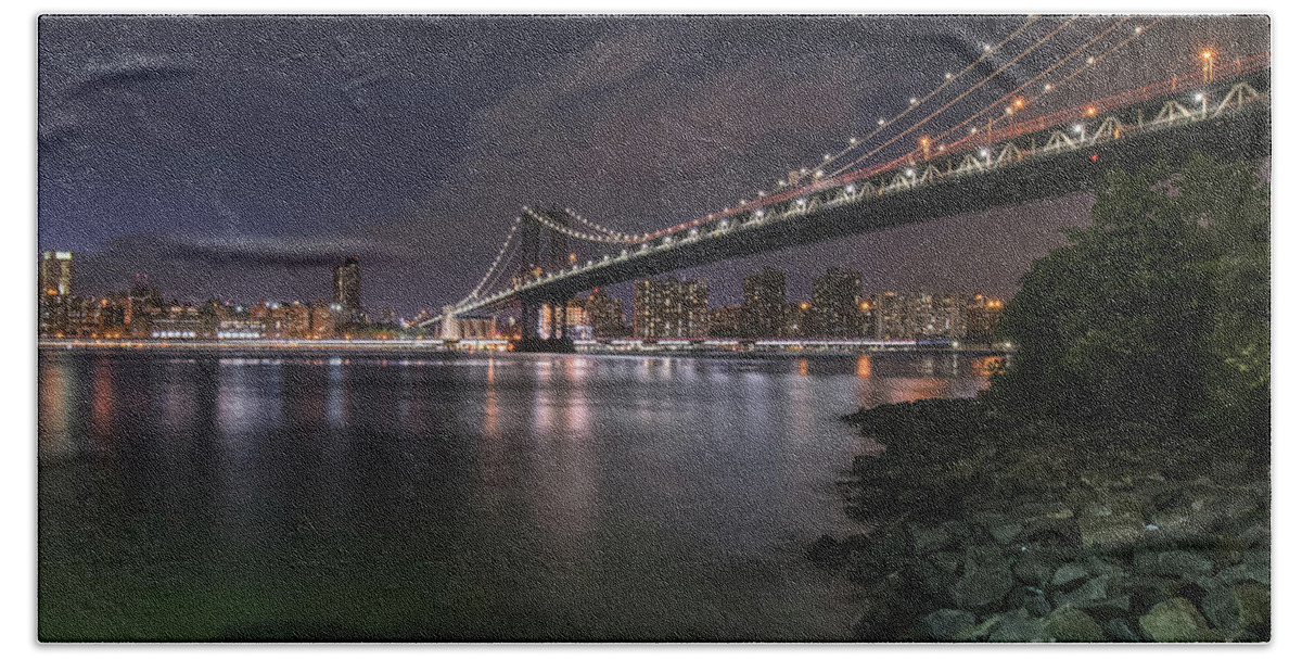 New York City Hand Towel featuring the photograph Manhattan Bridge Twinkles at Dusk by Alissa Beth Photography