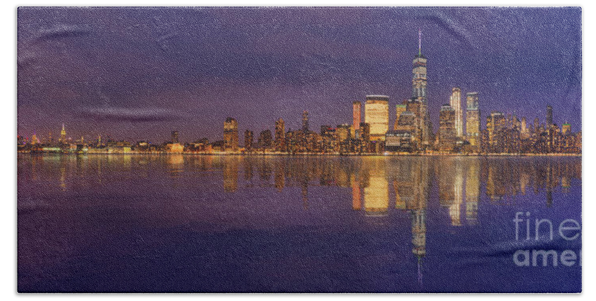 American Express Bath Towel featuring the photograph Manhattan, New York At Dusk Panoramic View by Laurent Lucuix