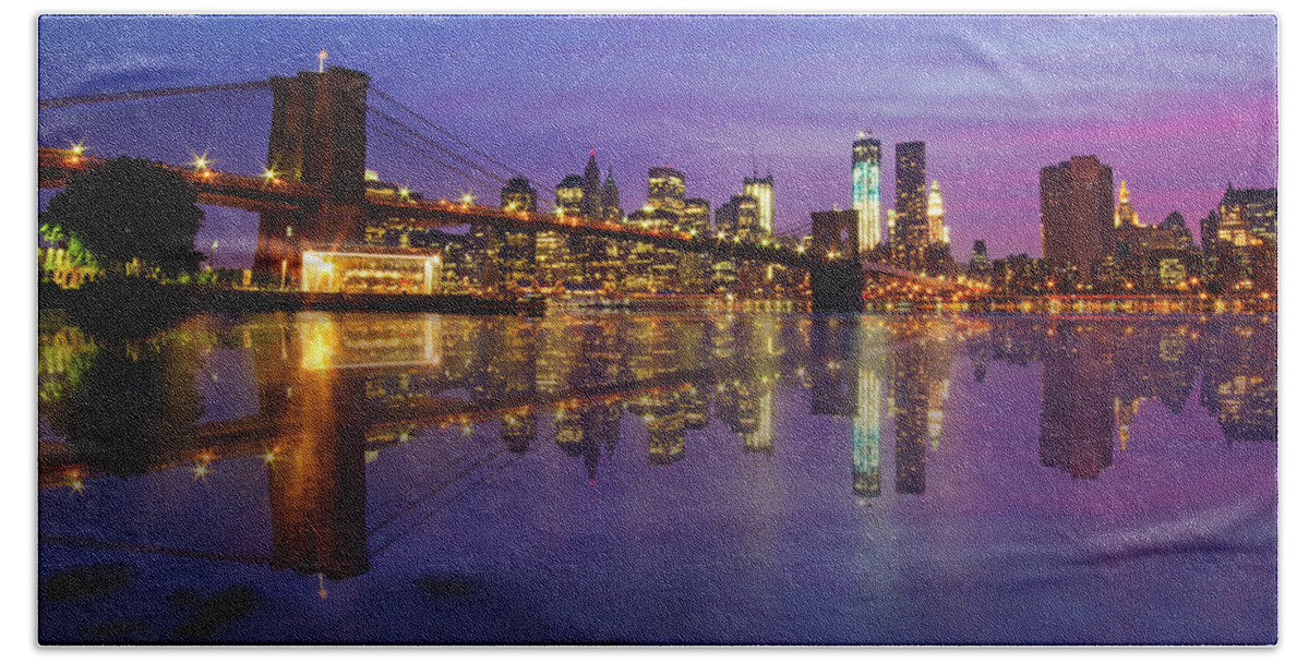 America Hand Towel featuring the photograph Manhattan Reflection by Mircea Costina Photography