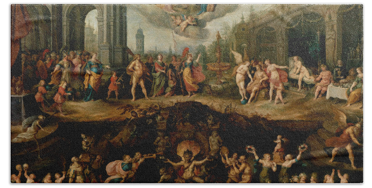 17th Century Art Bath Towel featuring the painting Mankind's Eternal Dilemma, The Choice Between Virtue and Vice by Frans Francken the Younger