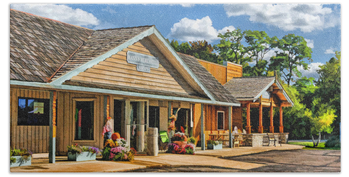 Door County Bath Towel featuring the painting Mann's Mercantile Shops on Washington Island Door County by Christopher Arndt