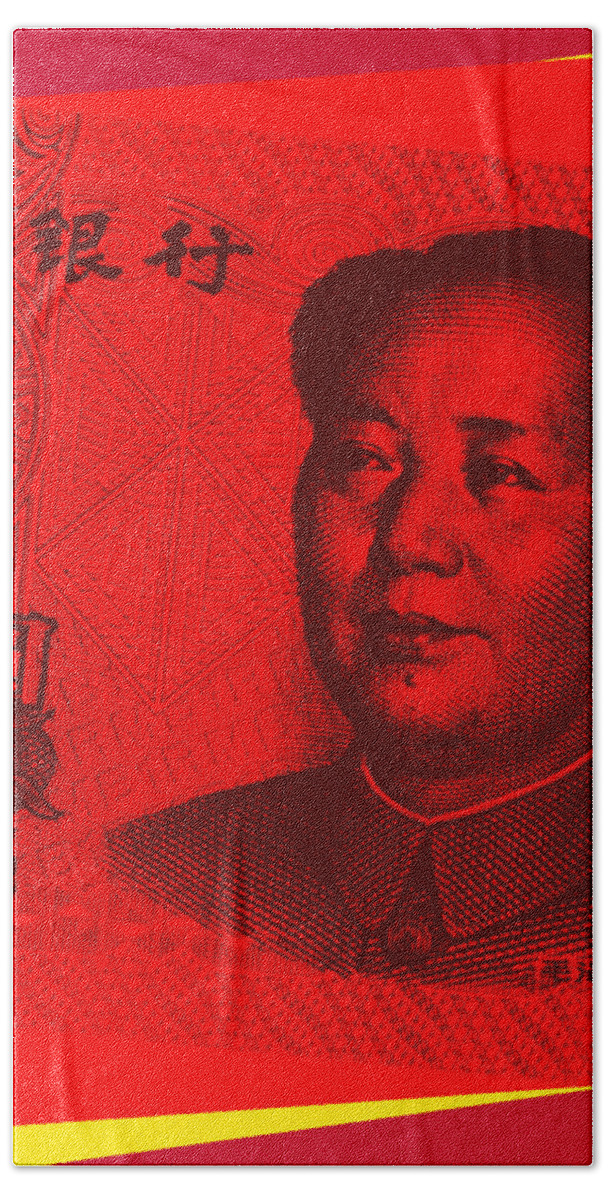 Mao Hand Towel featuring the digital art Mao Zedong Pop Art - one Yuan banknote by Jean luc Comperat