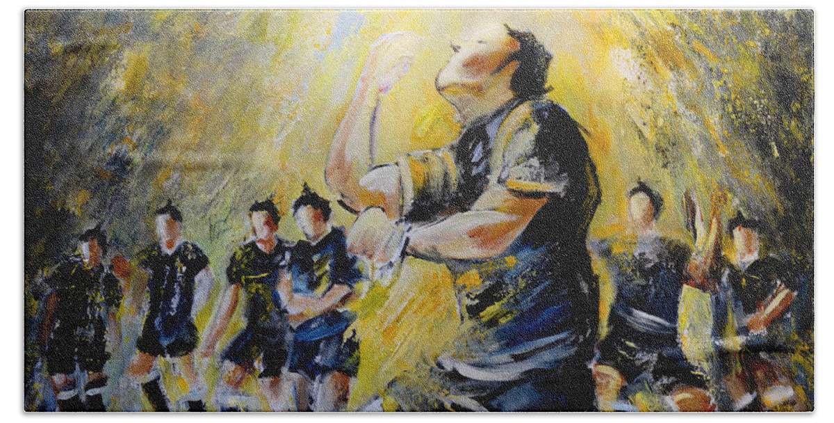 Sports Hand Towel featuring the painting Maori Haka Again And Again by Miki De Goodaboom