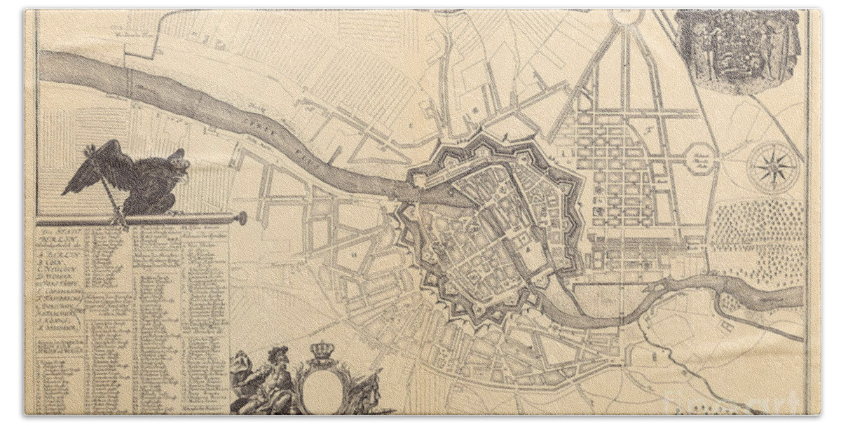 Maps Bath Towel featuring the drawing Map of Berlin, 1737 by G Dusableau