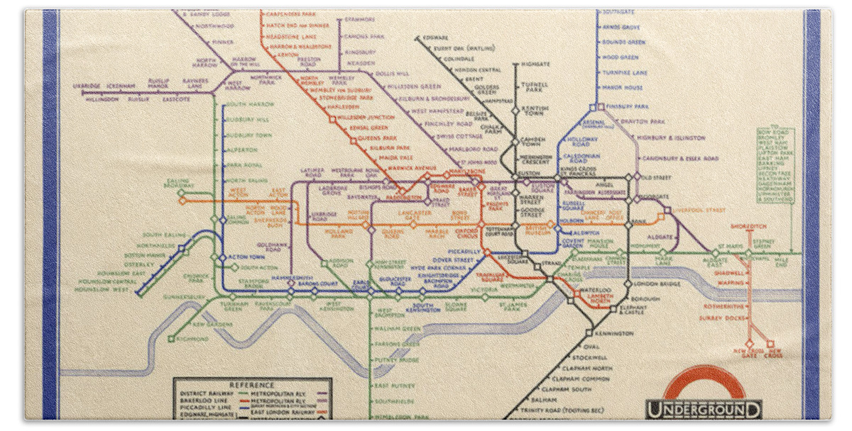 Map Of The London Underground Hand Towel featuring the drawing Map of the London Underground - London Metro - 1933 - Historical Map by Studio Grafiikka