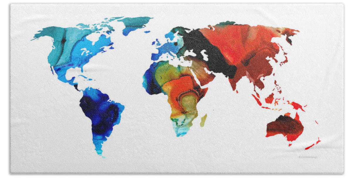 World Map Hand Towel featuring the painting Map of The World 3 -Colorful Abstract Art by Sharon Cummings