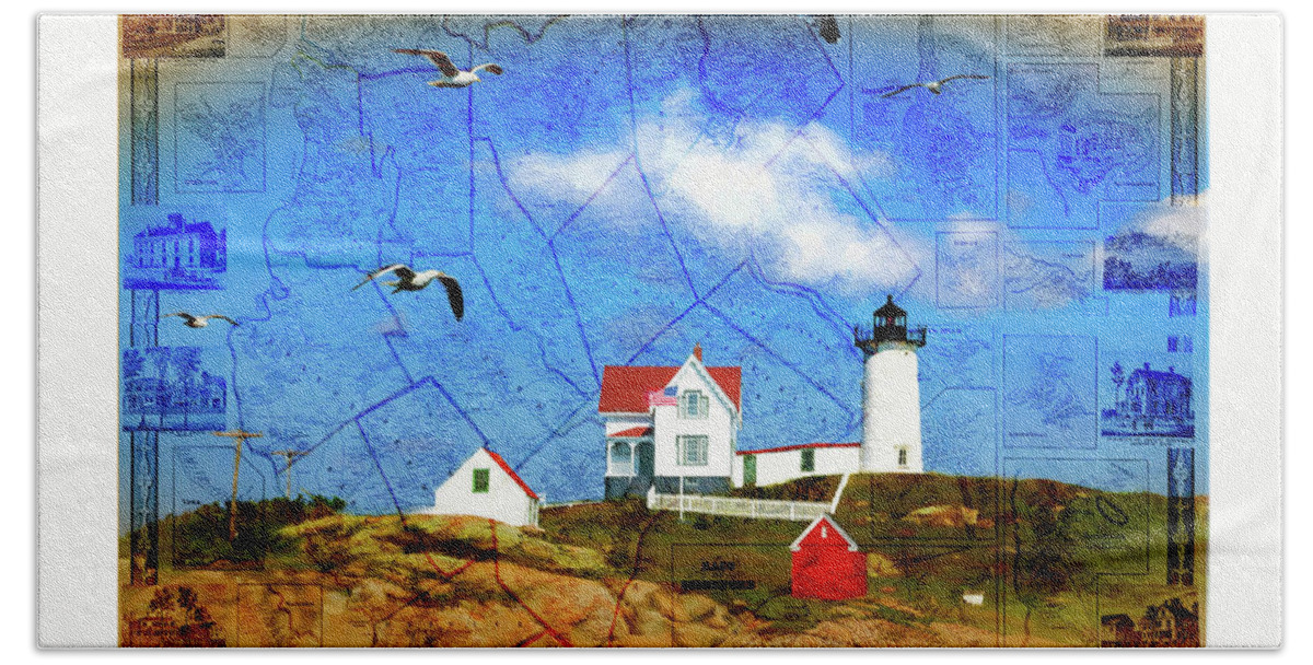 Seagulls Bath Towel featuring the digital art Map of York County ME with Nubble Light by Barry Wills