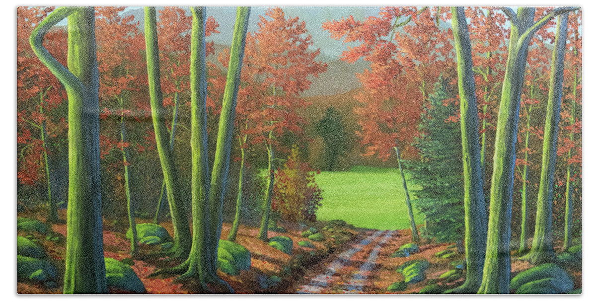 Maple Forest Road Bath Towel featuring the painting Maple Forest Road by Frank Wilson