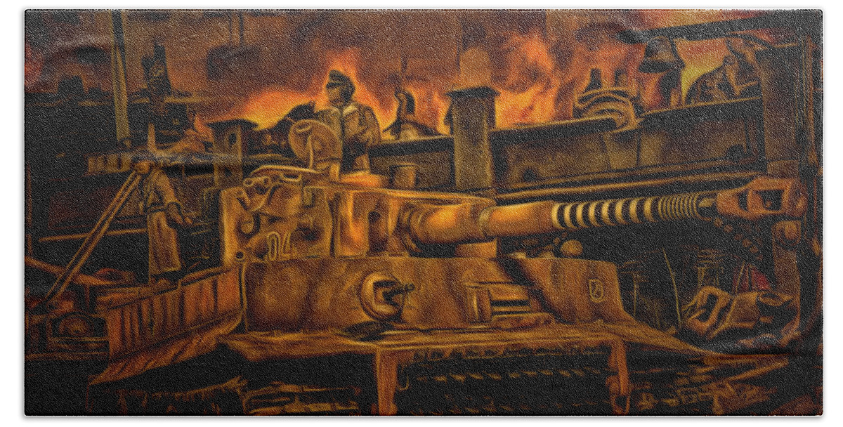 Wwii German Tiger Tank Bath Towel featuring the digital art March Across France Holding on to Caen - Oil by Tommy Anderson