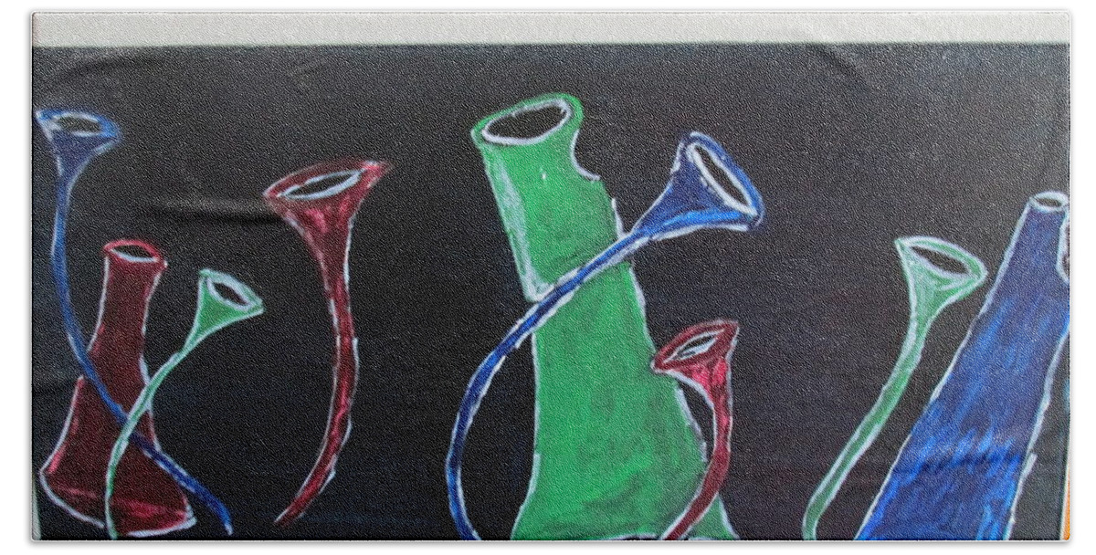 Abstractmarching Wine Bottles Glasses Blue Green Red Black Bath Towel featuring the painting March Of The Wine Brigade by Sharyn Winters