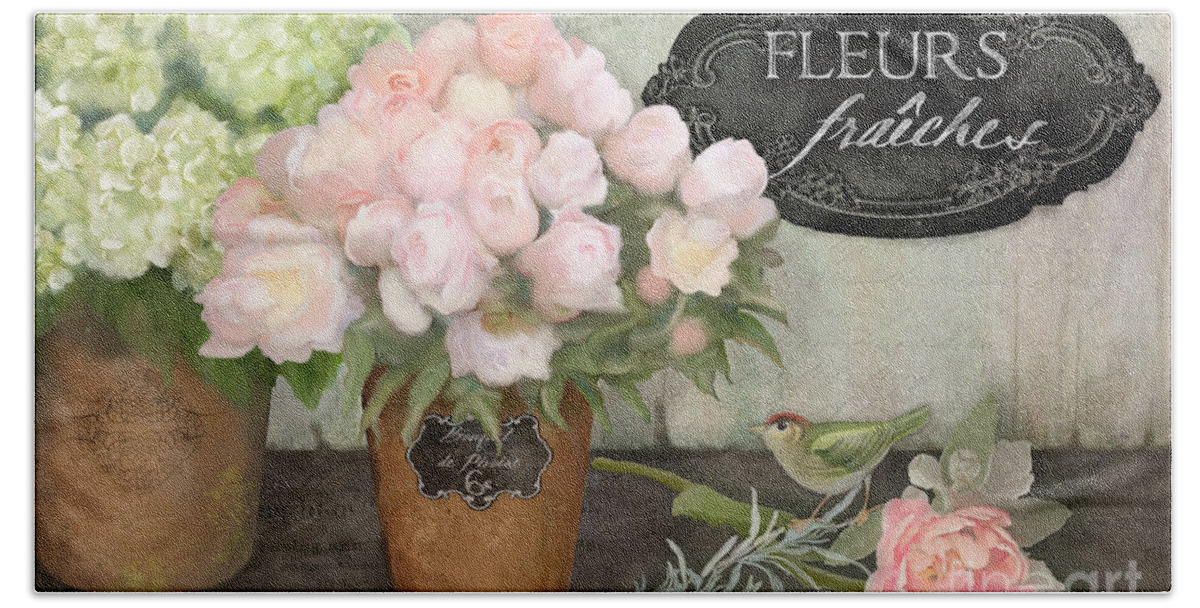 French Flower Market Hand Towel featuring the painting Marche aux Fleurs 2 - Peonies n Hydrangeas w Bird by Audrey Jeanne Roberts