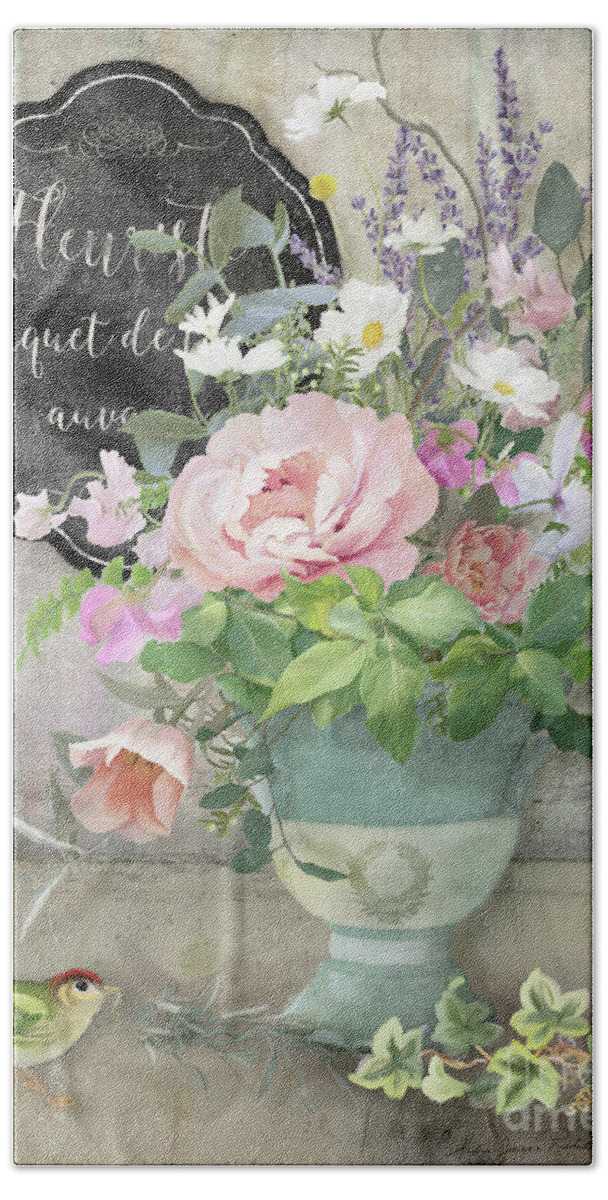 Marche Aux Fleurs Hand Towel featuring the painting Marche aux Fleurs 3 Peony Tulips Sweet Peas Lavender and Bird by Audrey Jeanne Roberts