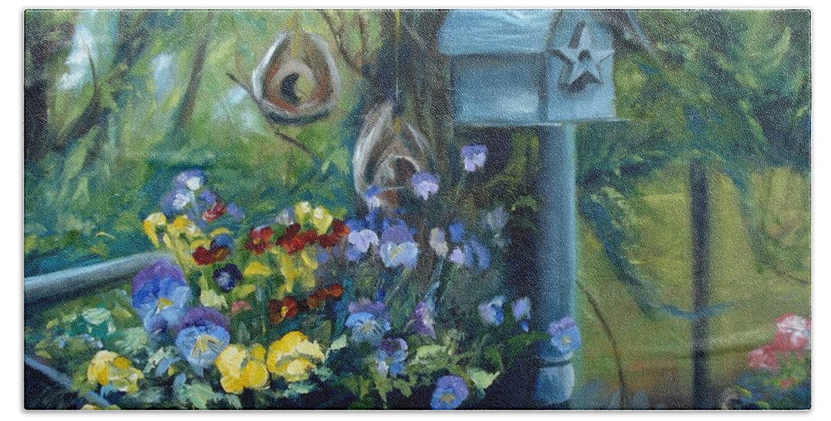 Flower Bath Towel featuring the painting Marcia's Garden by Donna Tuten